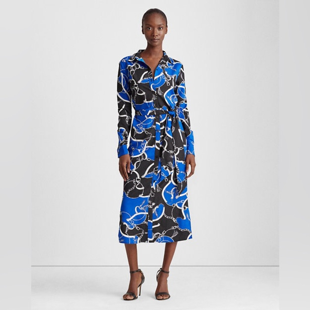 Ralph Lauren Blue and Black Long Sleeve Notched Collar Dress